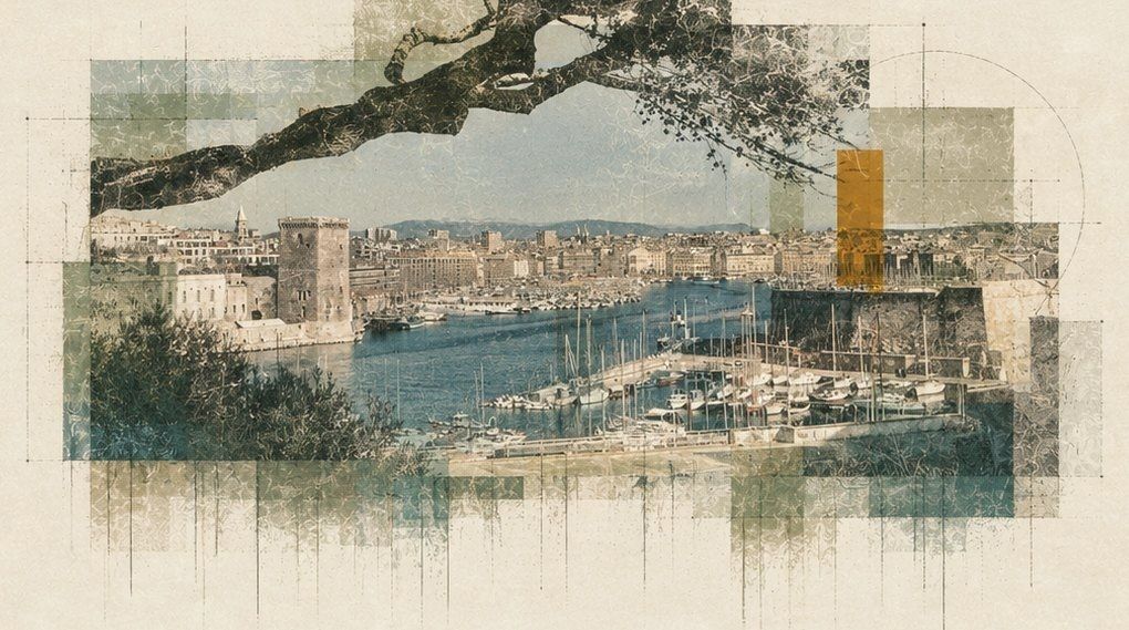 Tableau du Vieux-Port de Marseille entre les branches d'un pin.