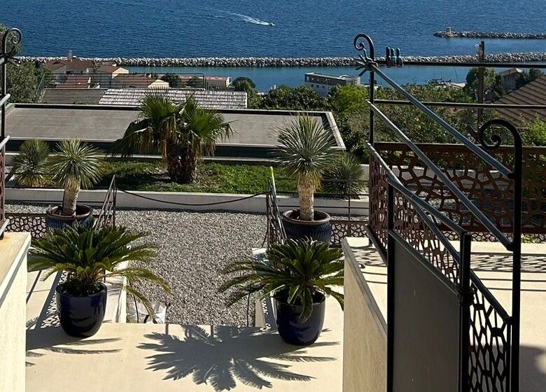 Des palmiers en pots bleus sur l'escalier de la terrasse, la mer derrière.